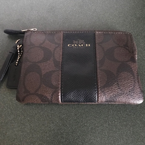 Coach Corner Zip Wristlet in Signature Coated Canvas Leather Stripe Brown/Black - Picture 4 of 16